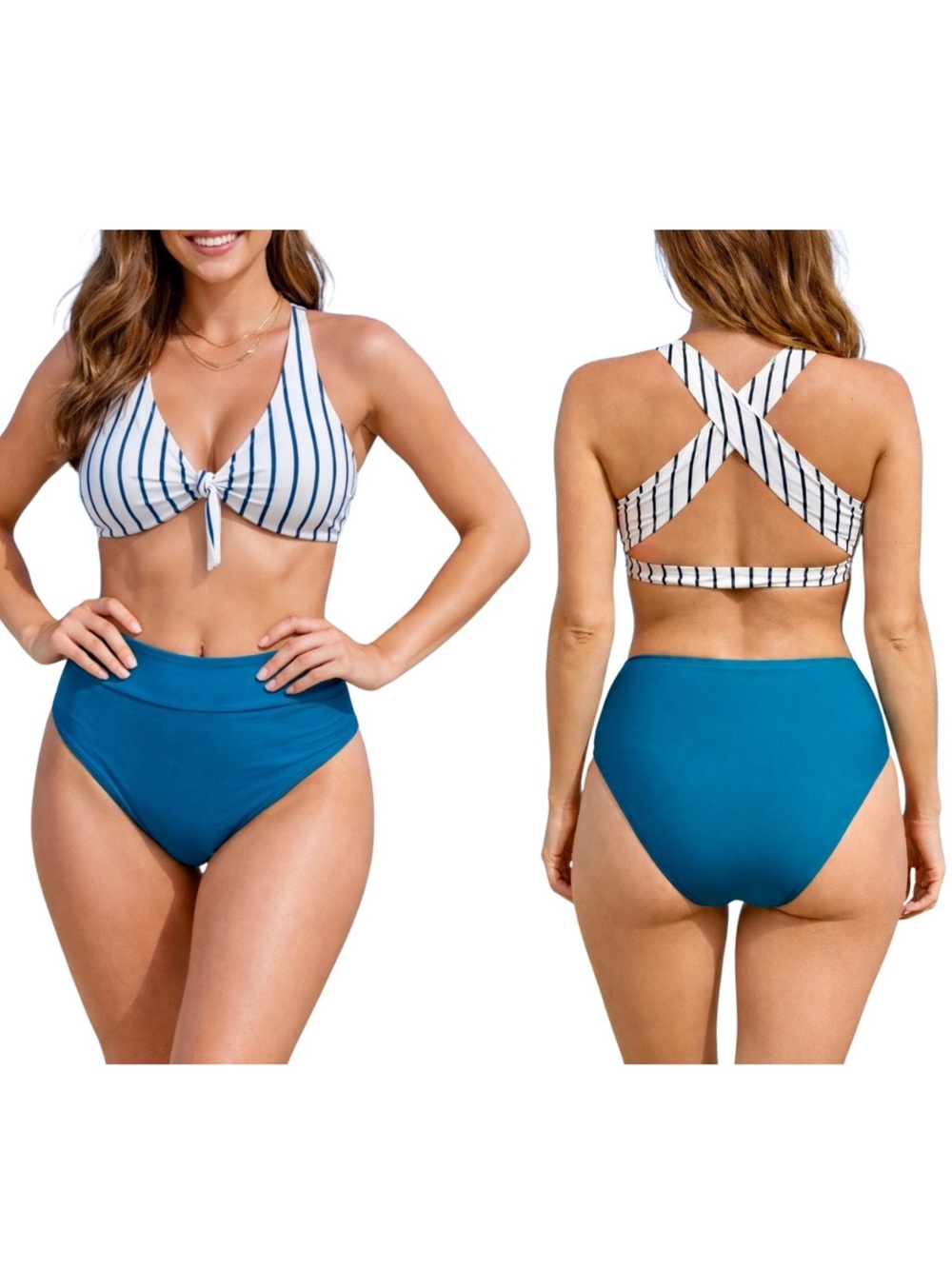CUPSHE Blue & White Striped High-Waisted Bikini Set • Size Large • NEW W/ TAGS